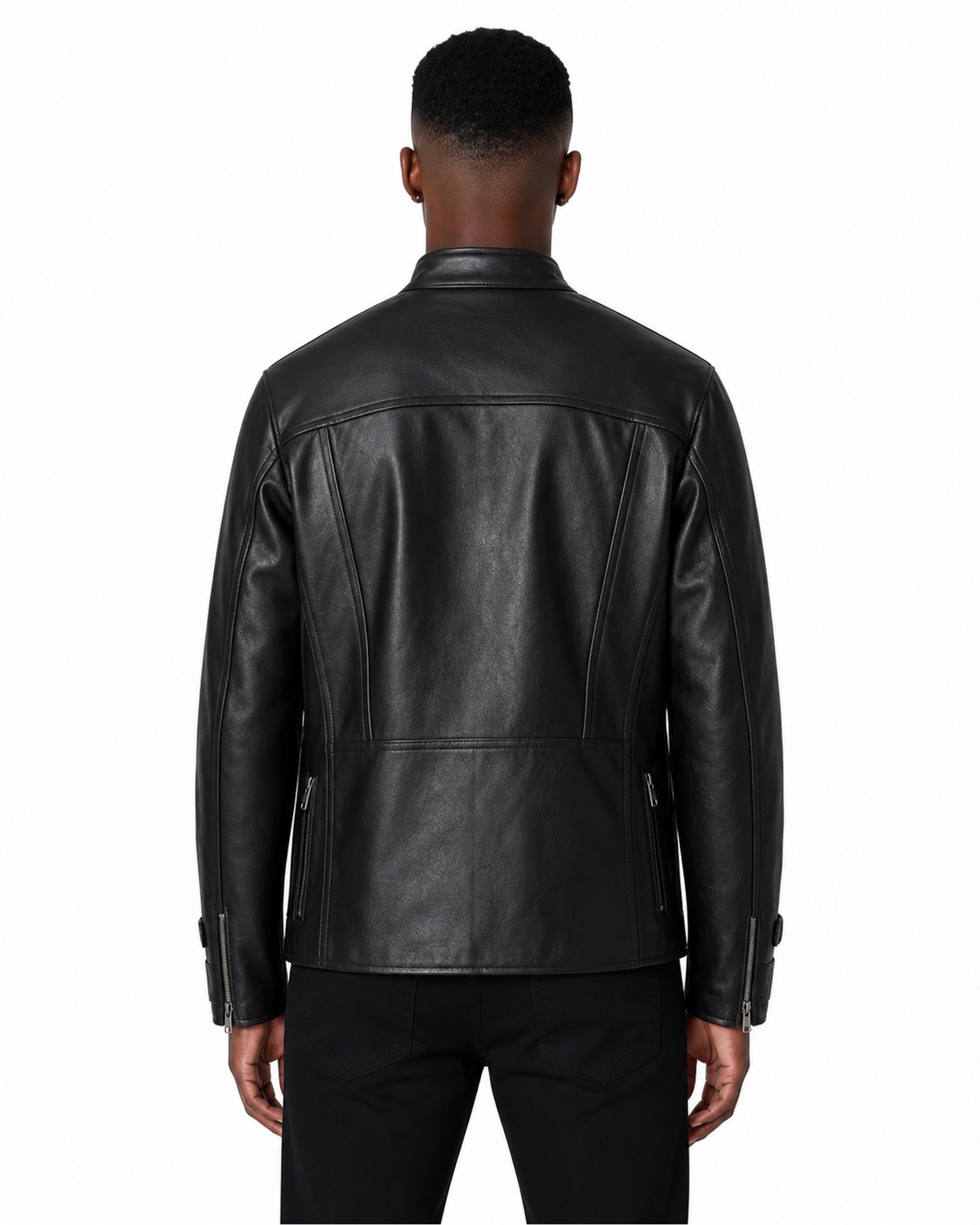 METRO Black Utility Leather Jacket back product view on a white background