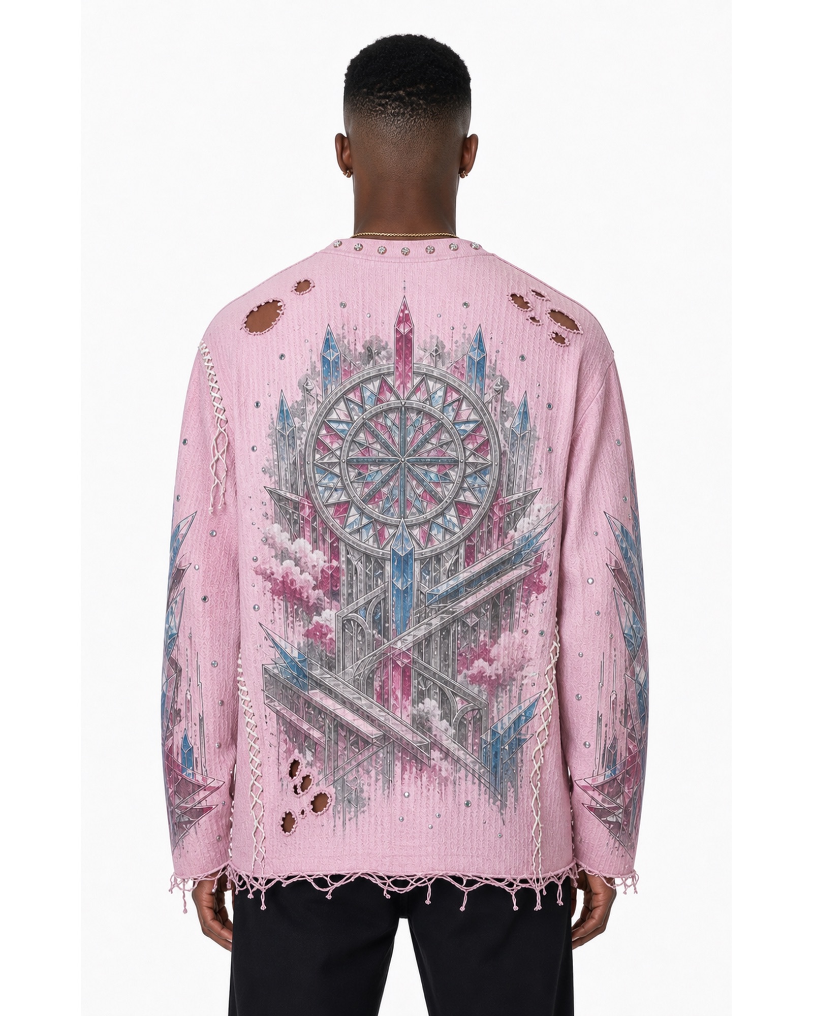 METRO Rose Circuit Distressed Long Sleeve back product view on a white background