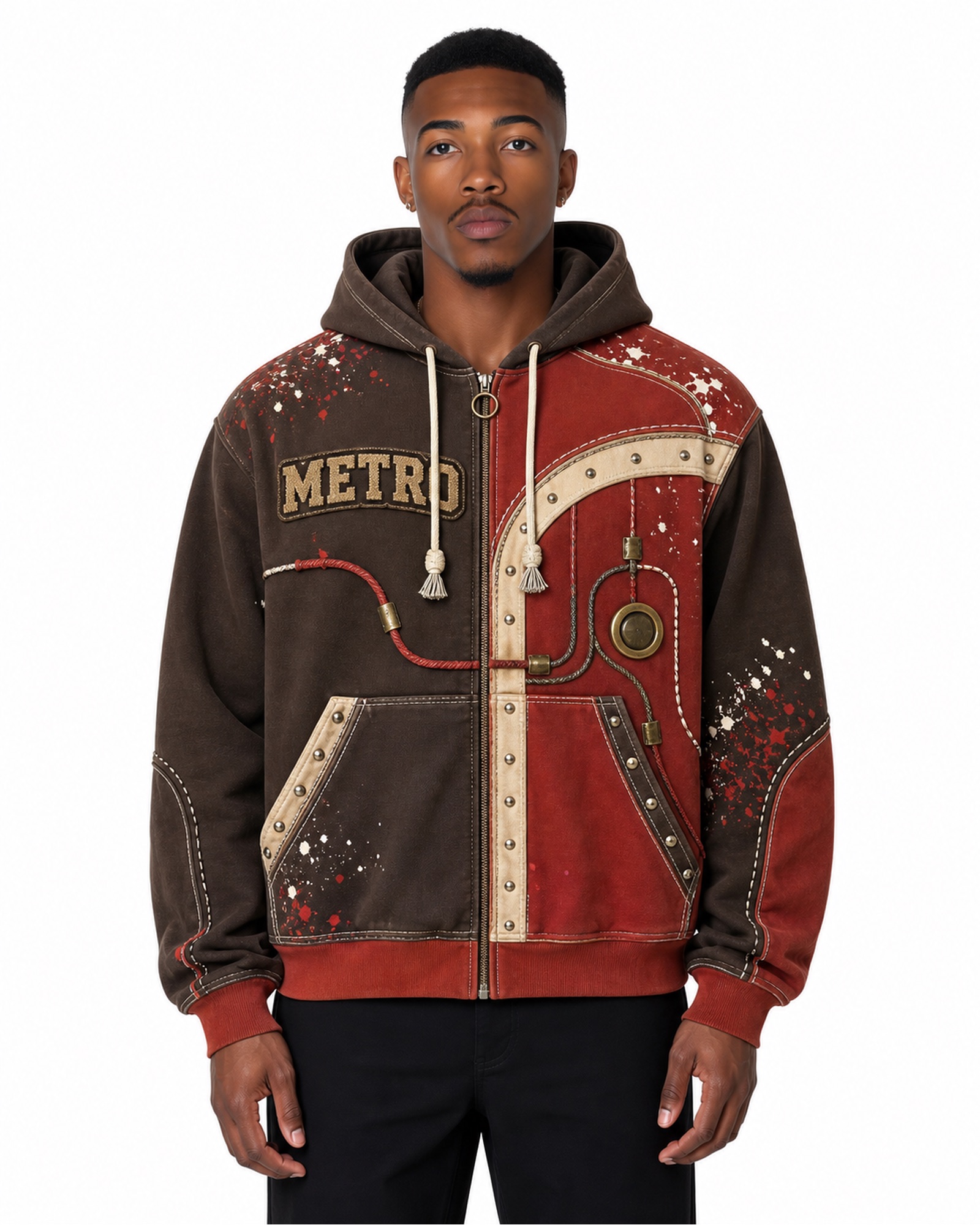 METRO Copper Switchboard Zip Hoodie front product view on a white background