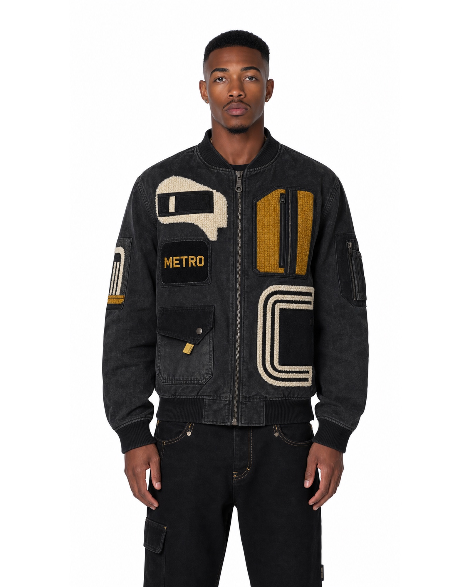 METRO Carbon Patch Varsity Jacket front product view on a white background