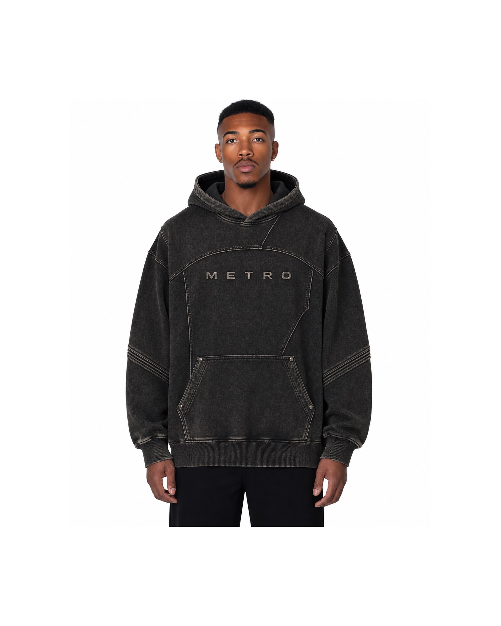 METRO Black Rail Hoodie front product view on a white background