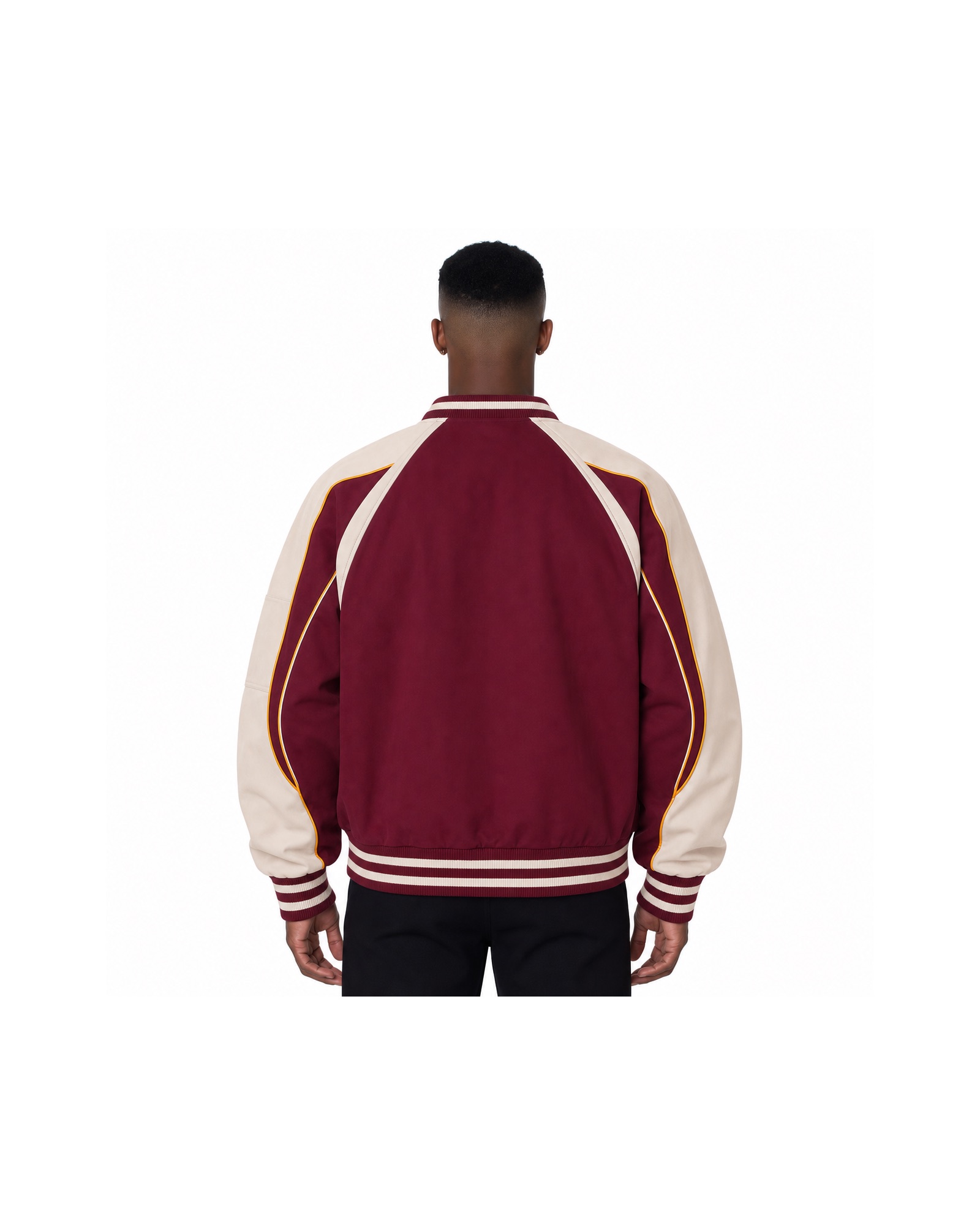 METRO Crimson Sweep Varsity Jacket back product view on a white background