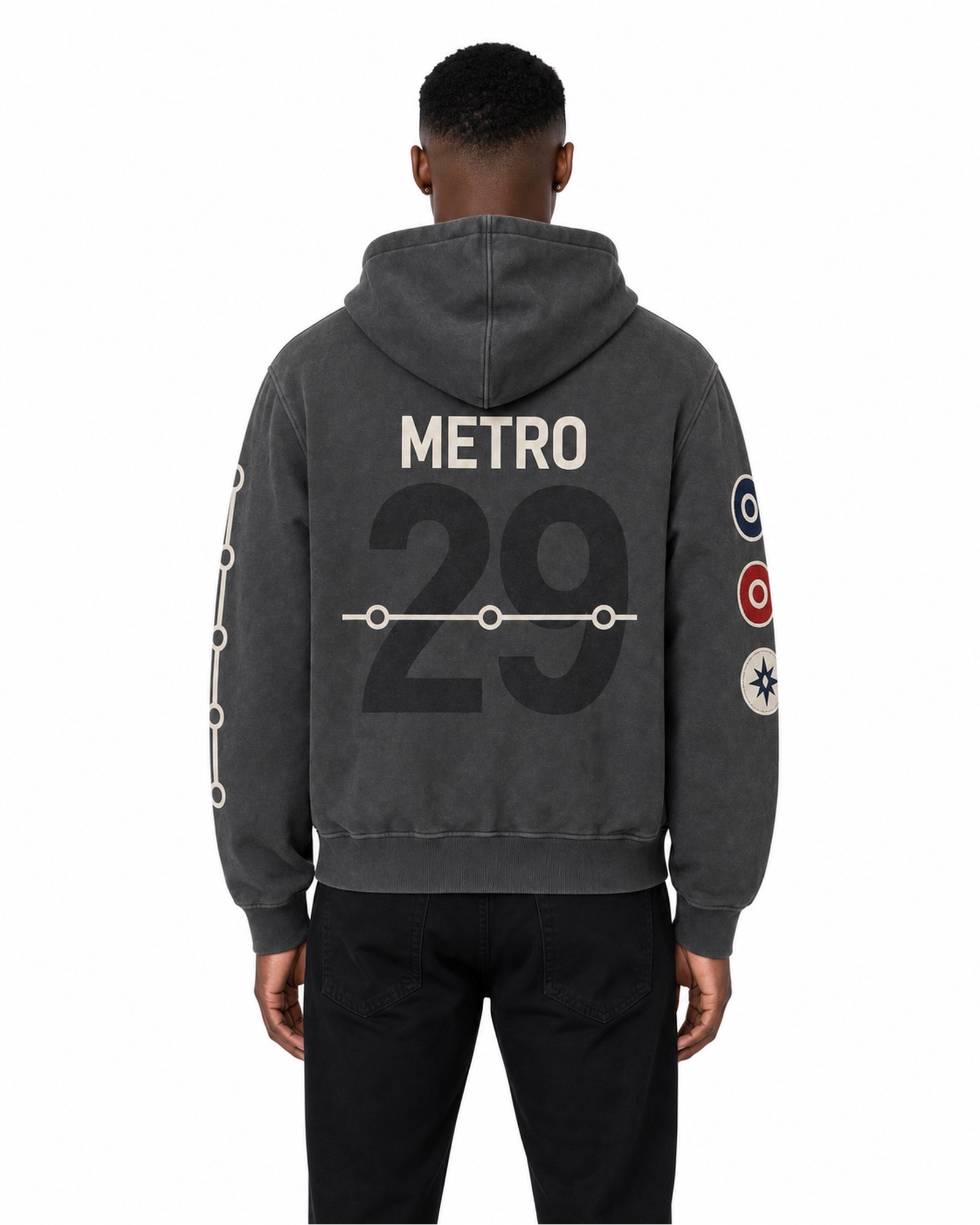 METRO Signal Badge Zip Hoodie back product view on a white background