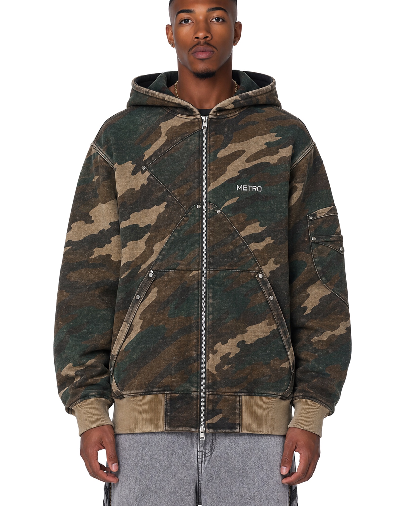 METRO Nighttrack Camo Zip Hoodie front product view on a white background