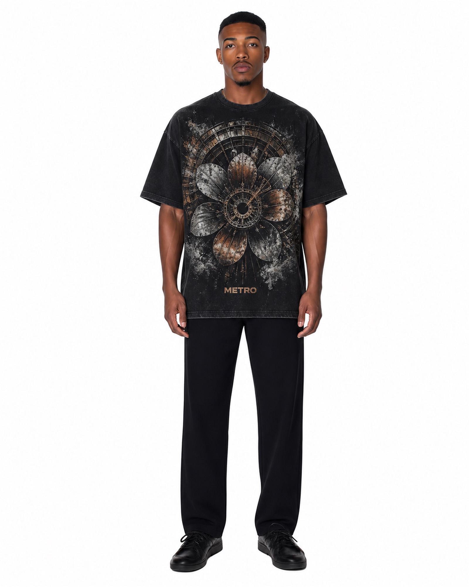 METRO Black Rosette Graphic Tee front product view on a white background