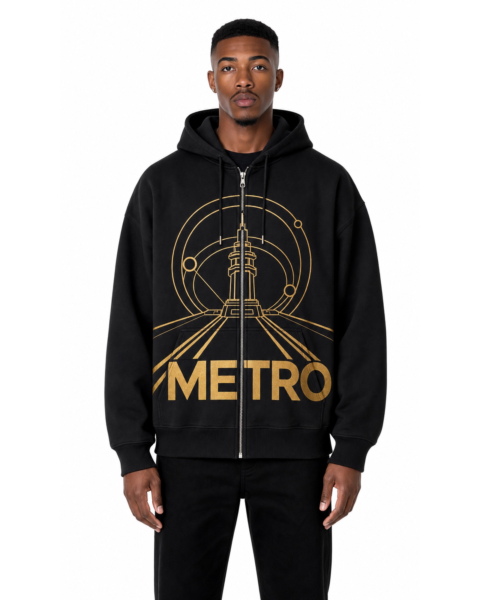 METRO Golden Orbit Zip Hoodie front product view on a white background