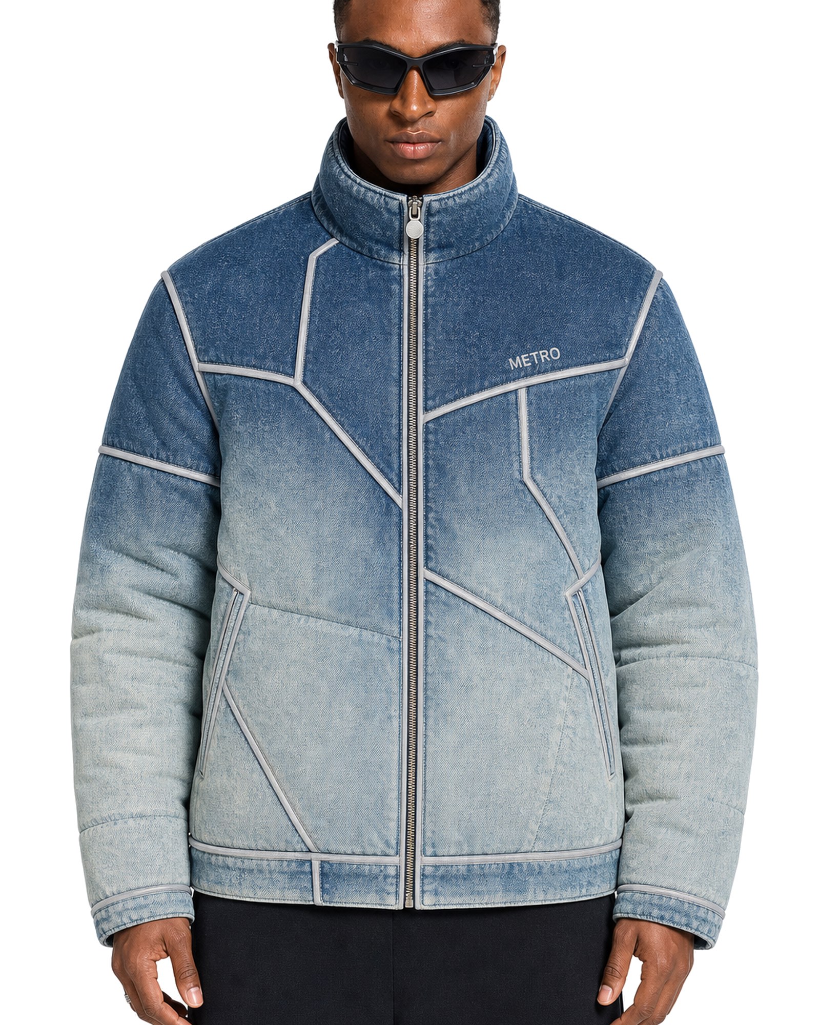 METRO Glacier Fade Denim Puffer front product view on a white background