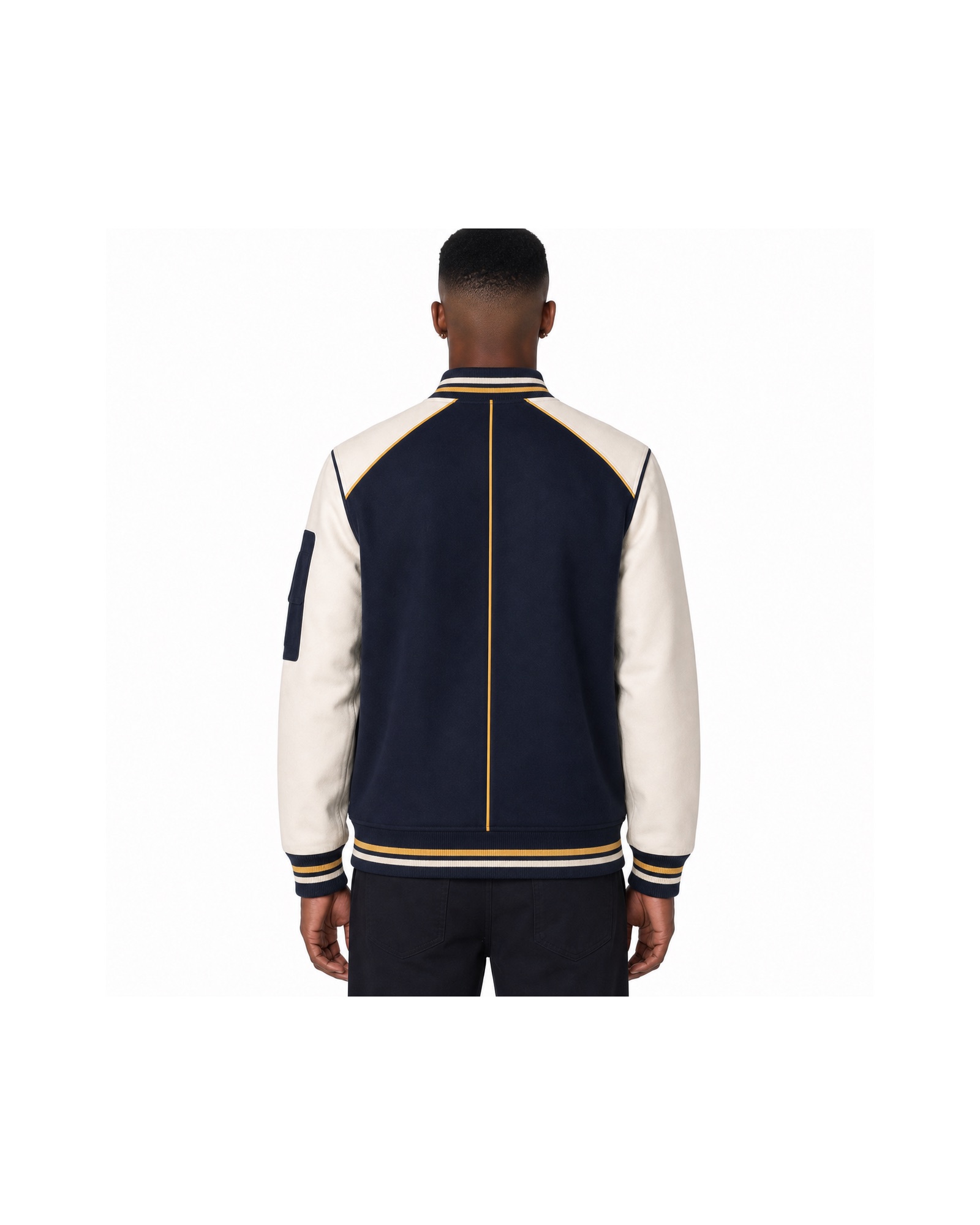 METRO Navy Concourse Varsity Jacket back product view on a white background