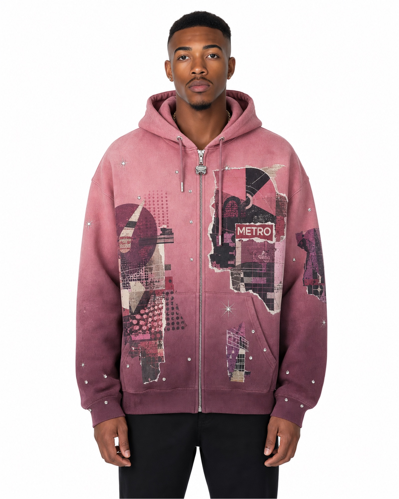 METRO Rose Collage Zip Hoodie front product view on a white background