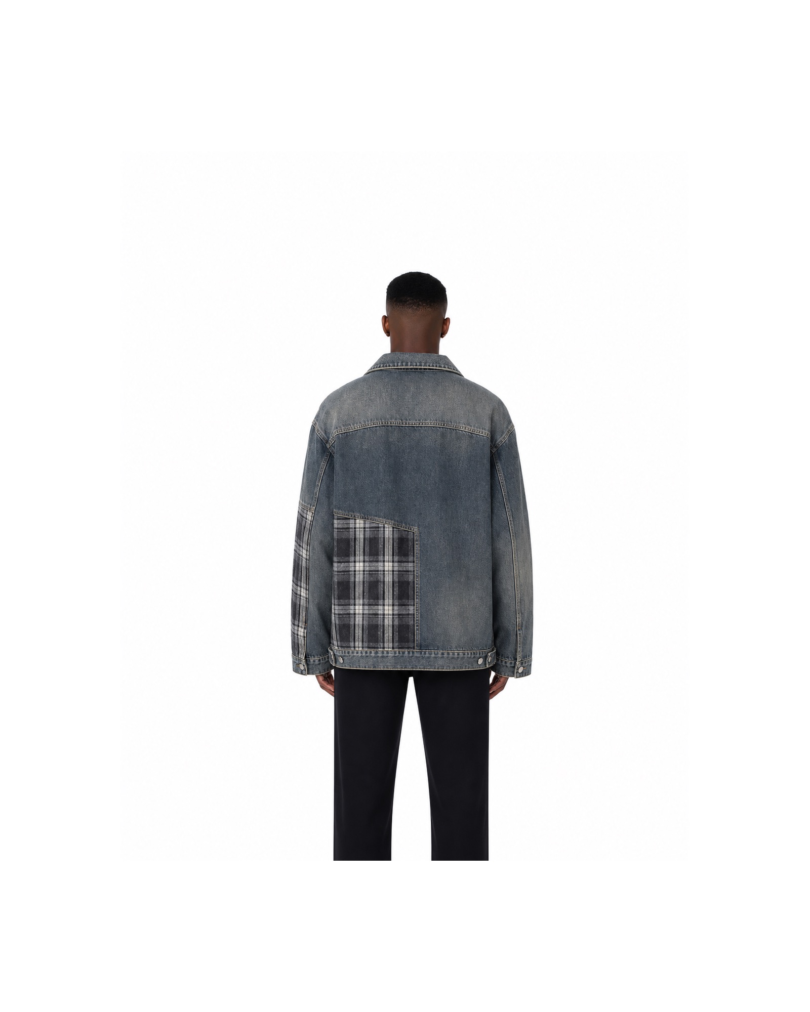 METRO Plaid Junction Denim Jacket back product view on a white background