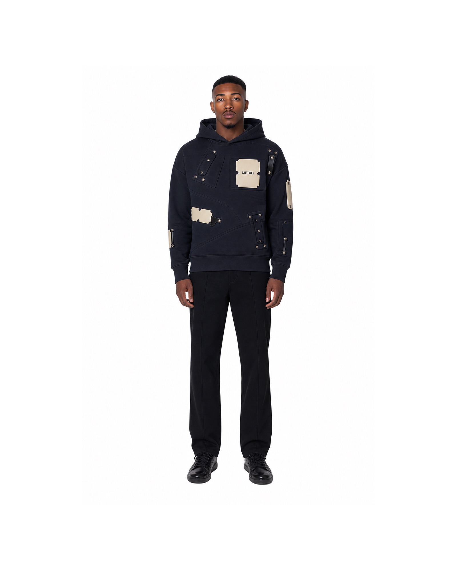 METRO Navy Cargo Patch Hoodie front product view on a white background