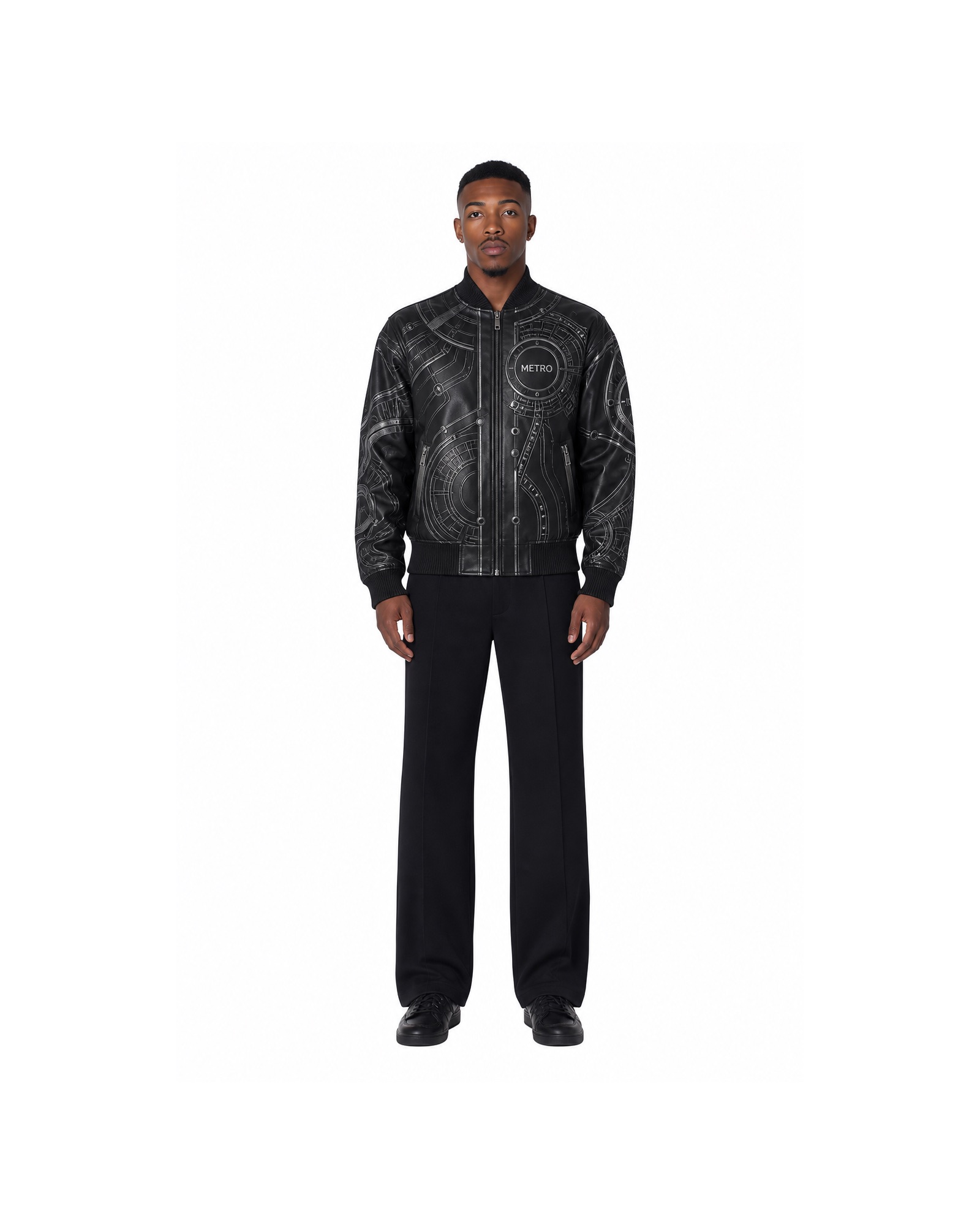 METRO Tunnel Ring Leather Jacket front product view on a white background
