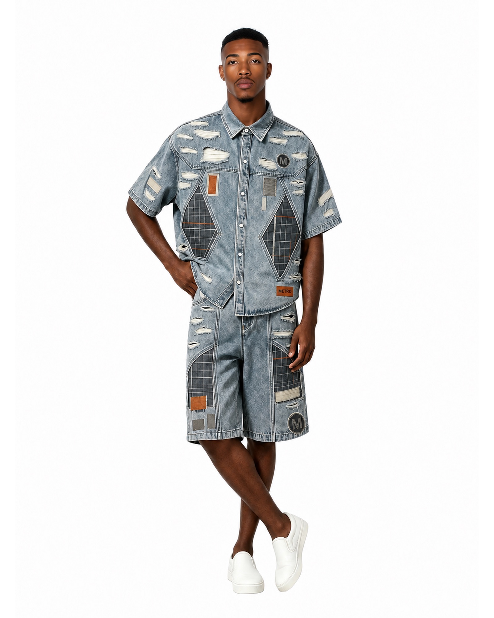METRO Sky Patchwork Denim Set front product view on a white background