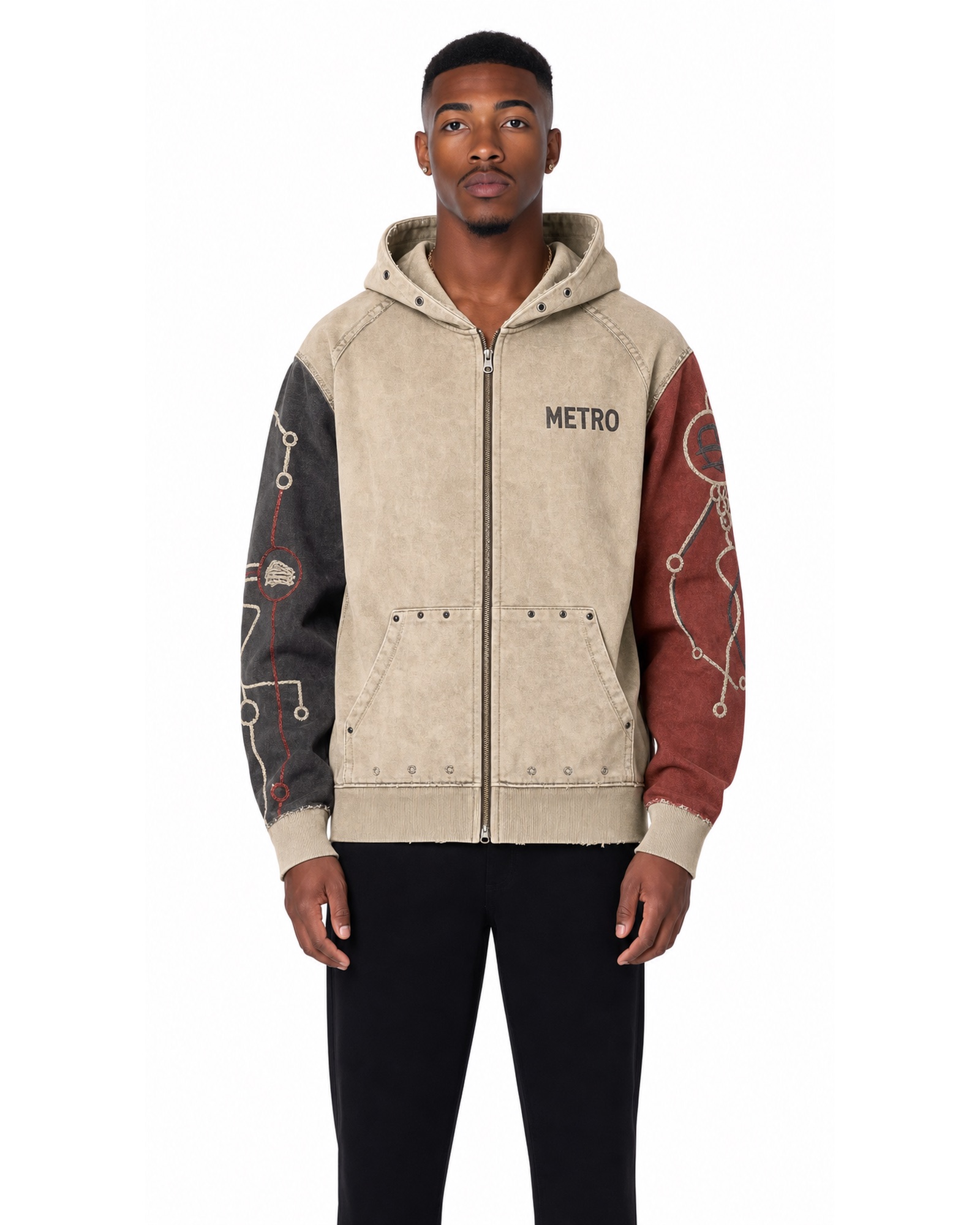METRO Sandstone Diagram Zip Hoodie front product view on a white background