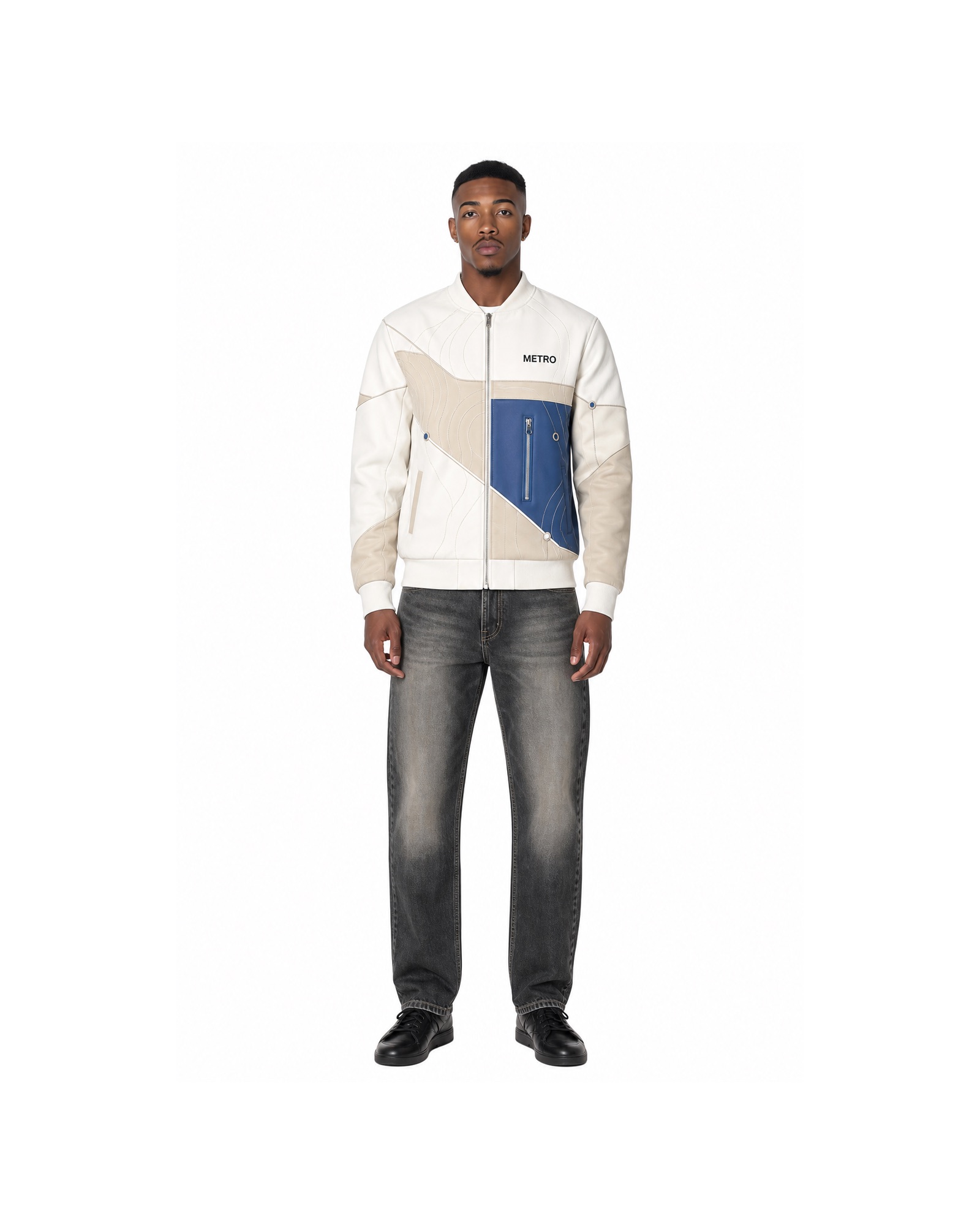 METRO Blue Junction Patch Jacket front product view on a white background