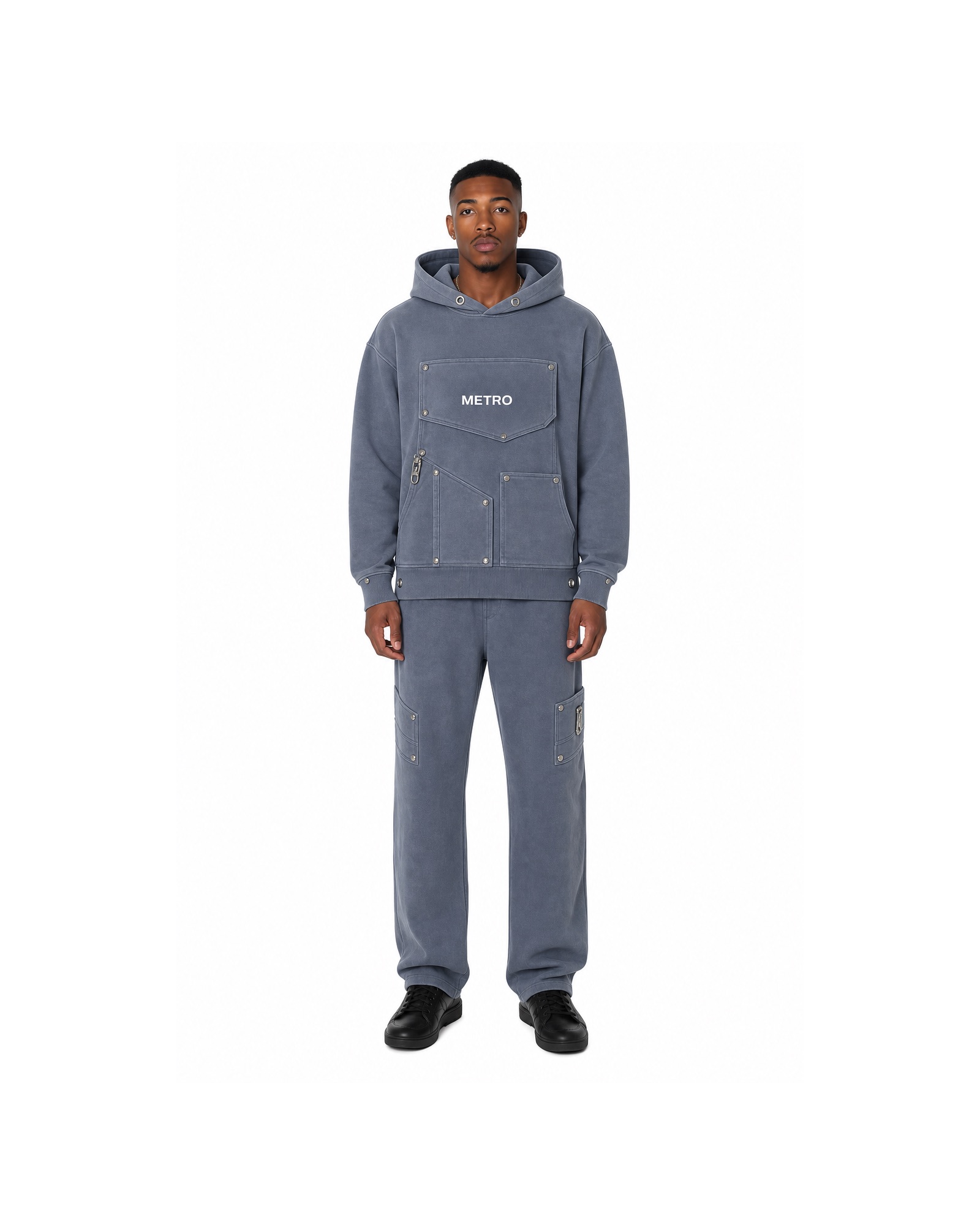 METRO Slate Terminal Hoodie Set front product view on a white background