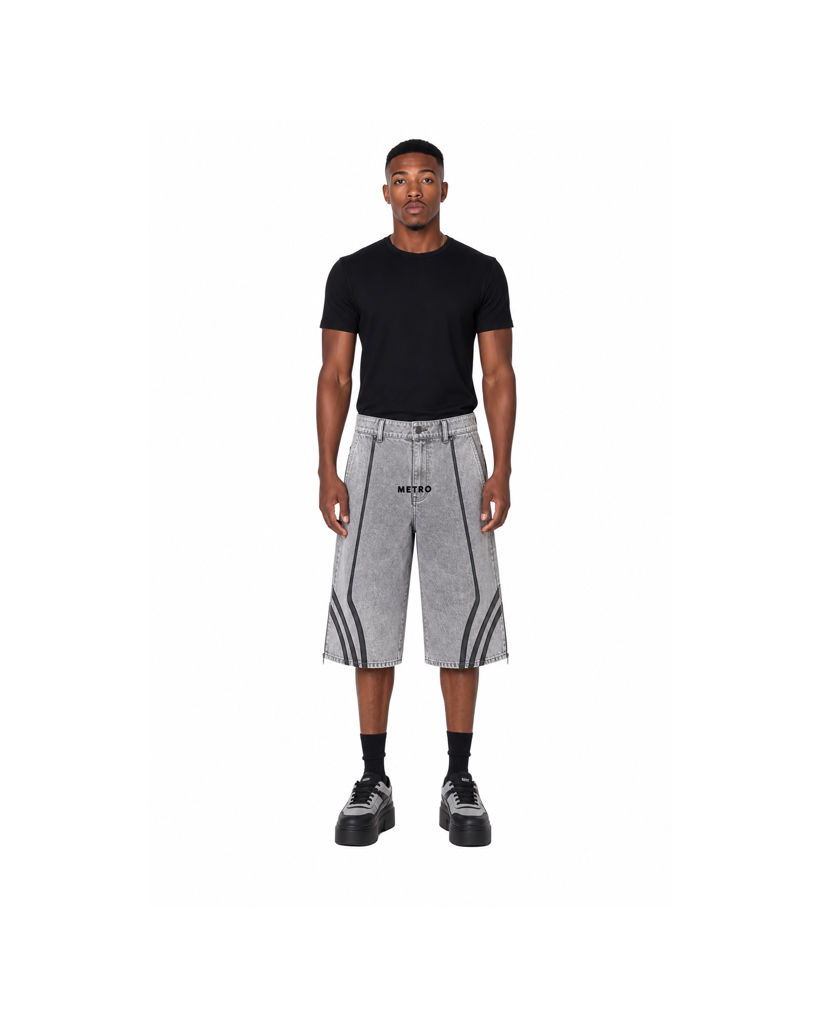 METRO Silver Track Panel Shorts front product view on a white background