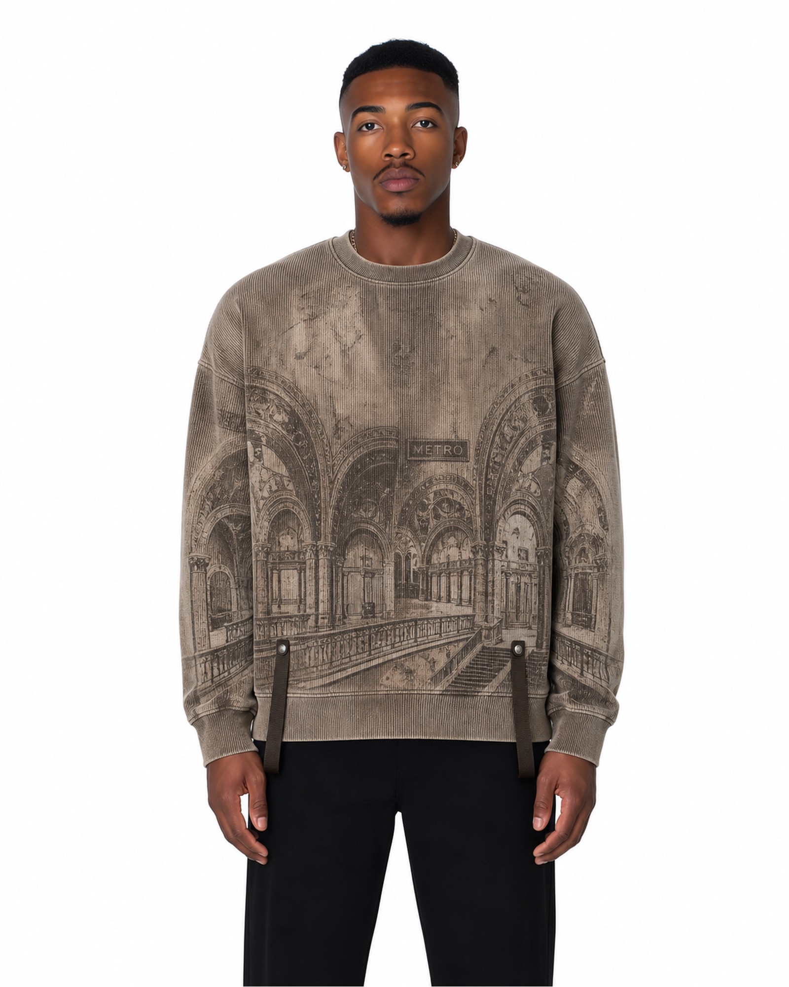 METRO Stone Arcade Crewneck front product view on a white background