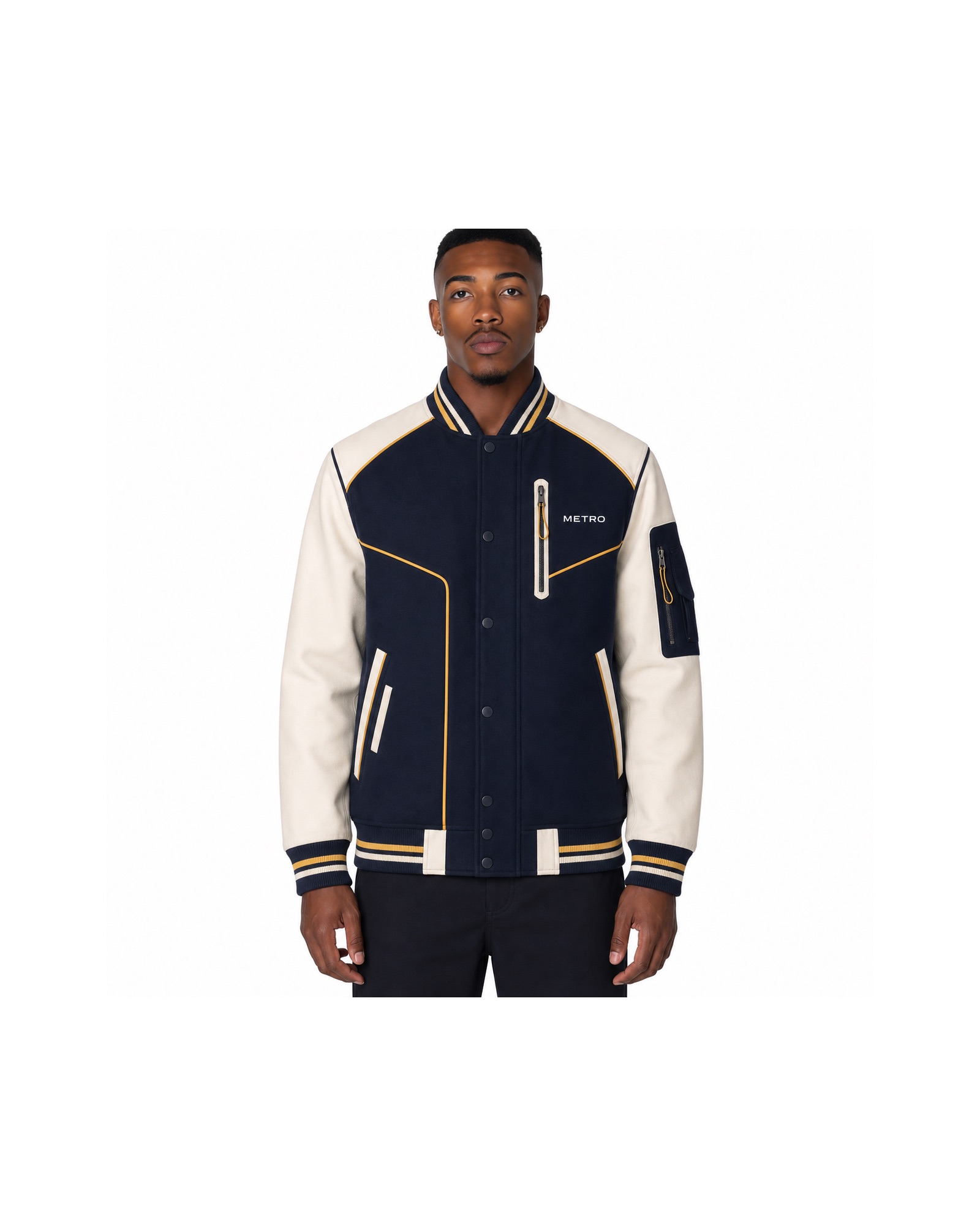 METRO Navy Concourse Varsity Jacket front product view on a white background