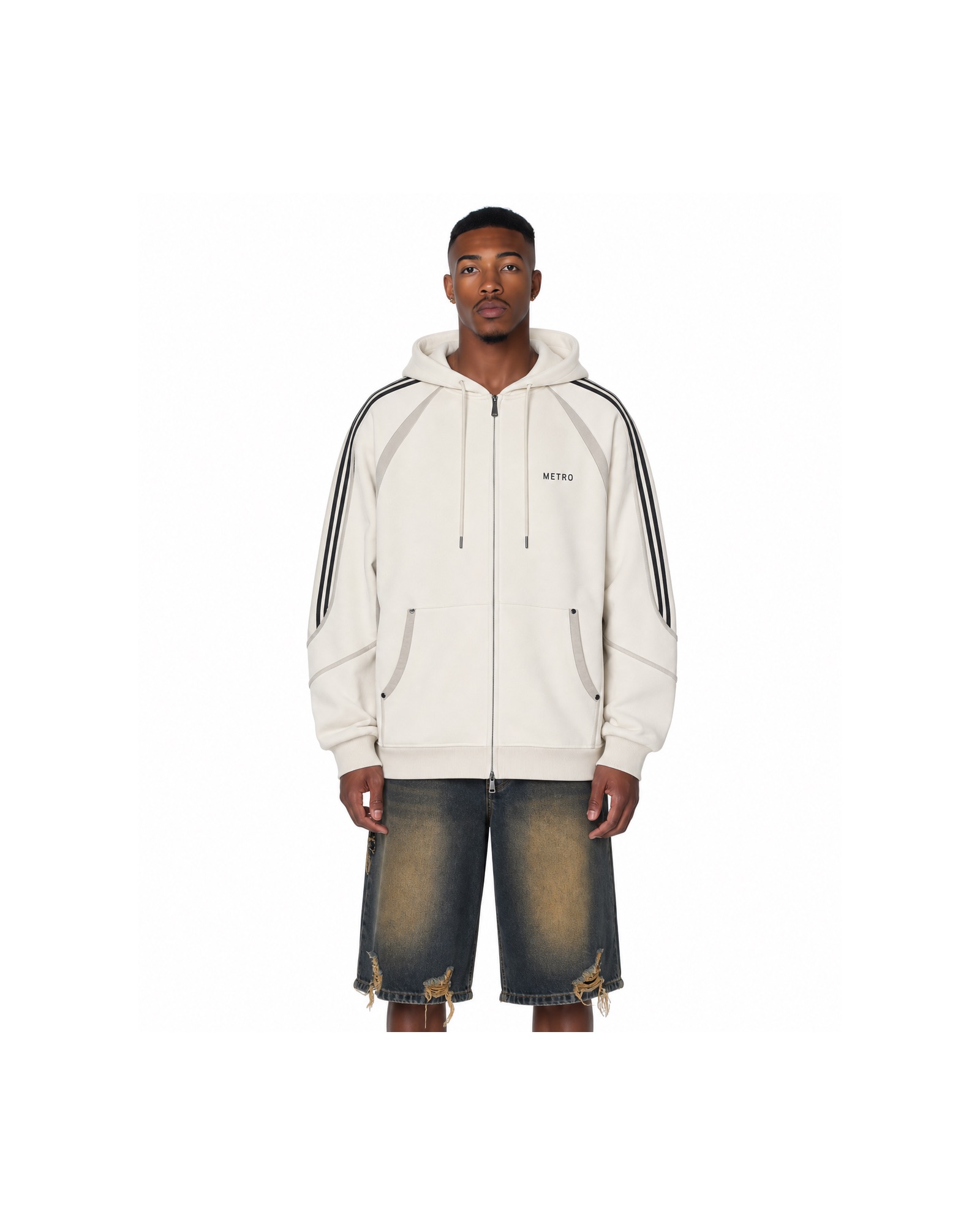 METRO Ivory Trackline Zip Hoodie front product view on a white background