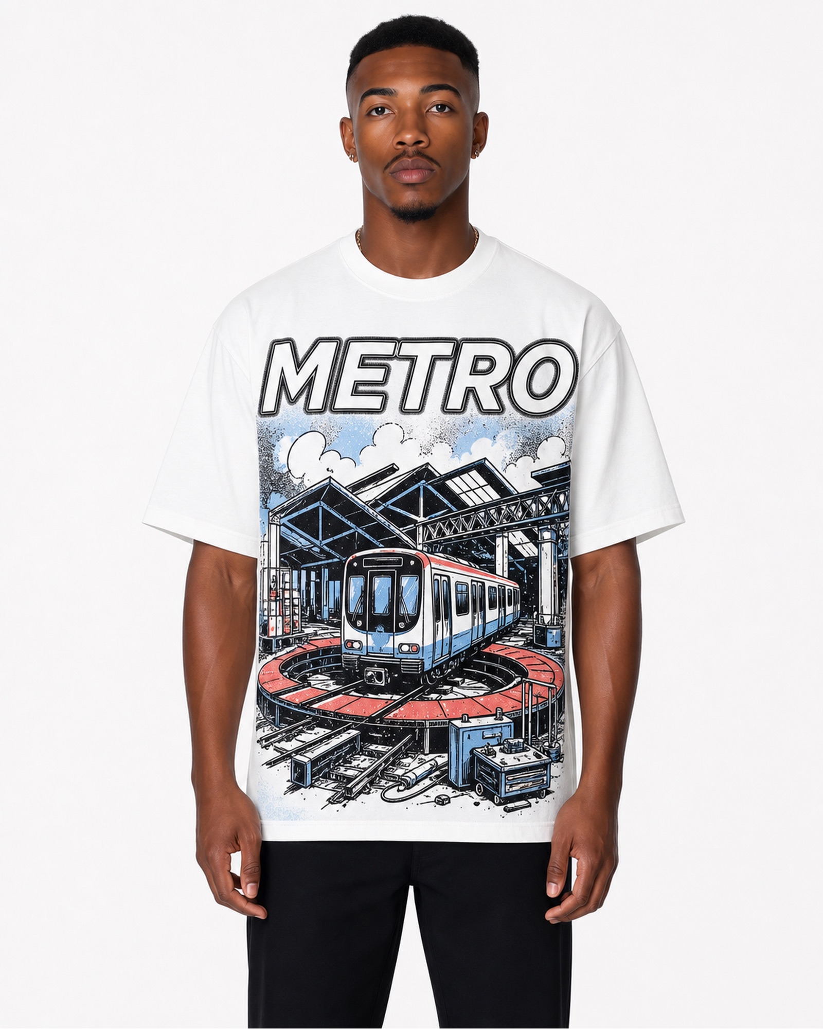 METRO White Transit Hub Graphic Tee front product view on a white background