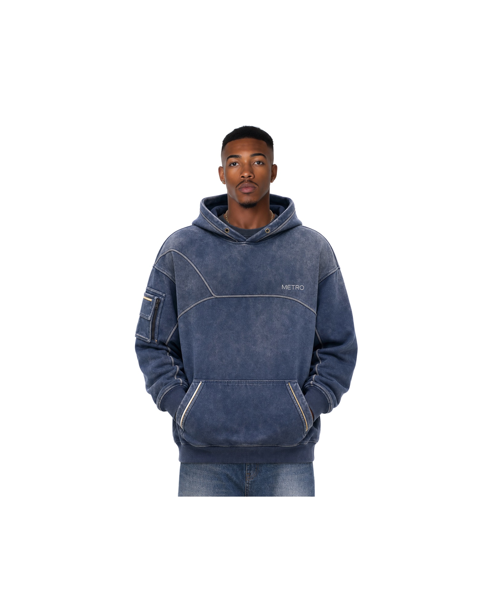 METRO Indigo Tunnel Hoodie front product view on a white background