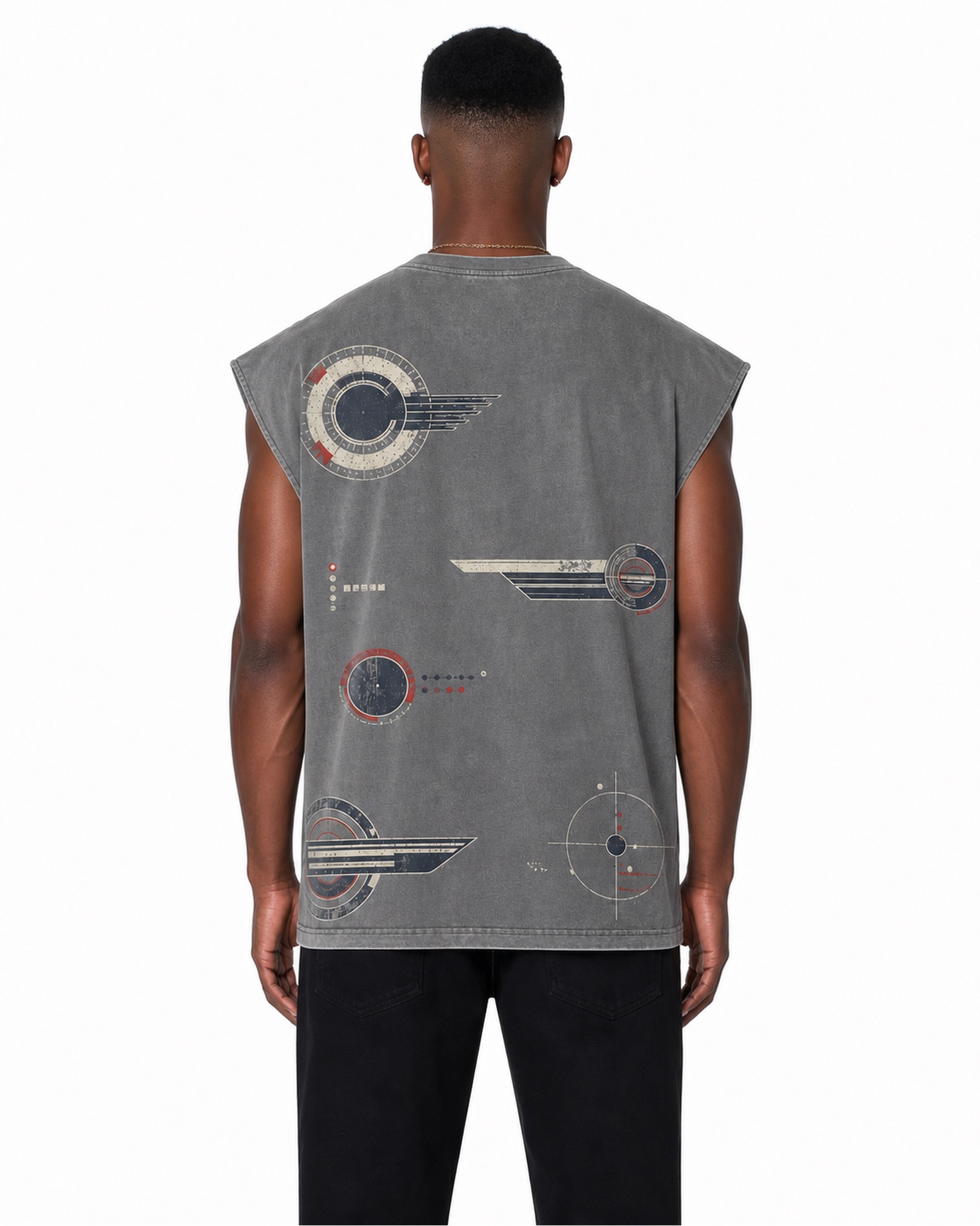 METRO Lunar Instrument Sleeveless Tee back product view on a white background