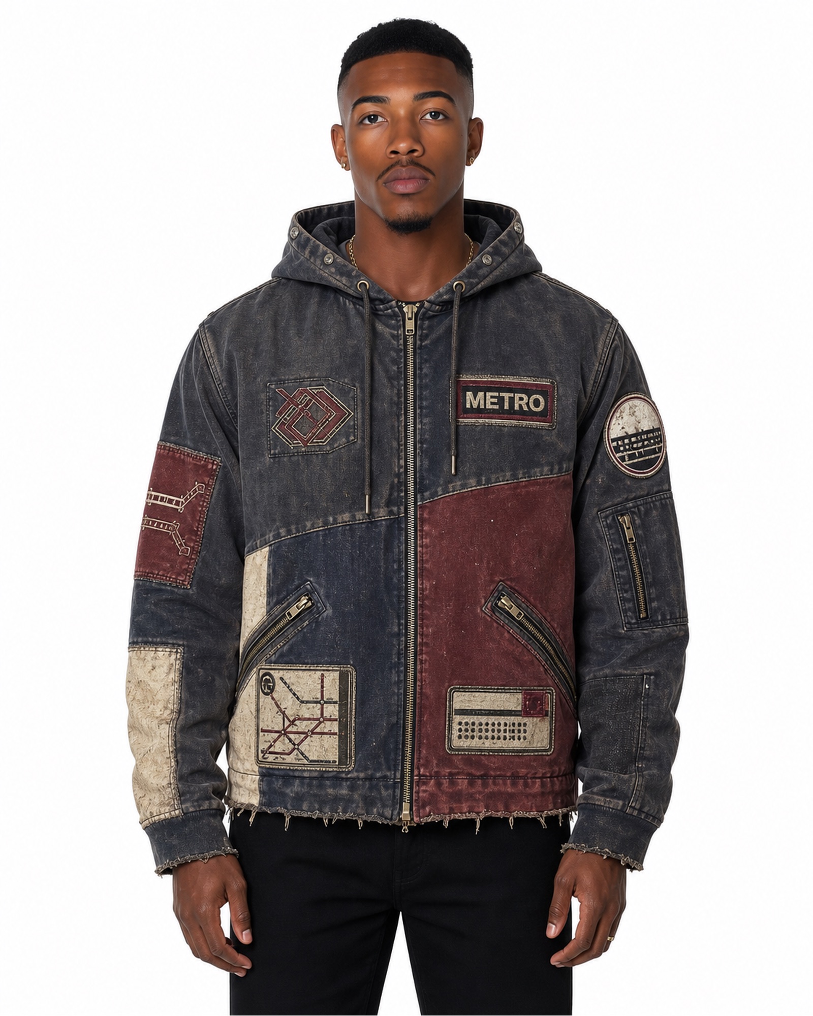 METRO Patchline Denim Zip Hoodie front product view on a white background